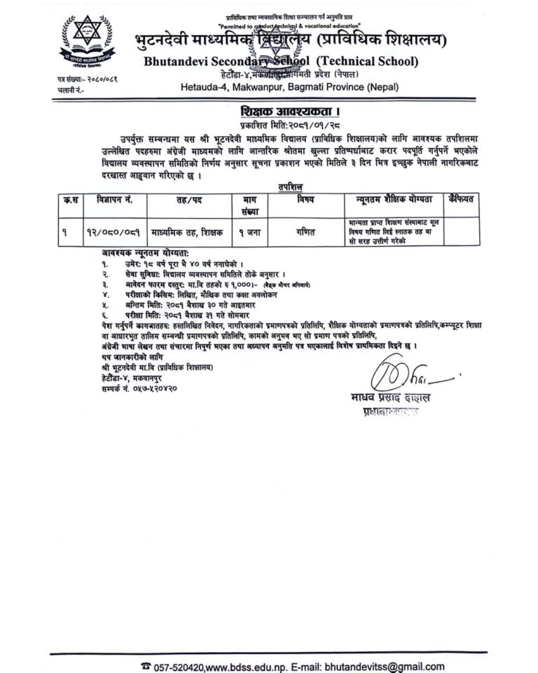 शिक्षक आवश्यकता ।